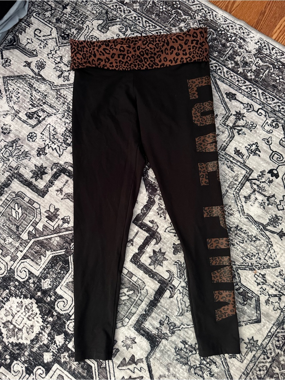 PINK Victoria's Secret Black Leggings with Leopard Fold-Over Waistband